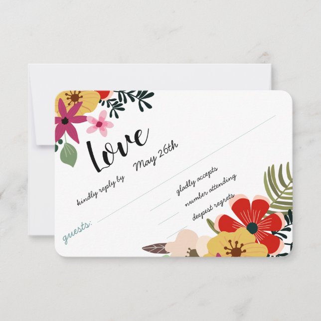 Red Pink Green Lavender Love Flora Fauna RSVP Card (Front)