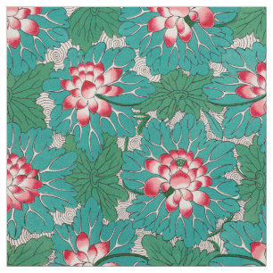 Red Pink Green Teal Chinese Lotuses Pattern Fabric