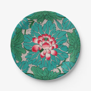 Red Pink Green Teal Chinese Lotuses Pattern Paper Plate