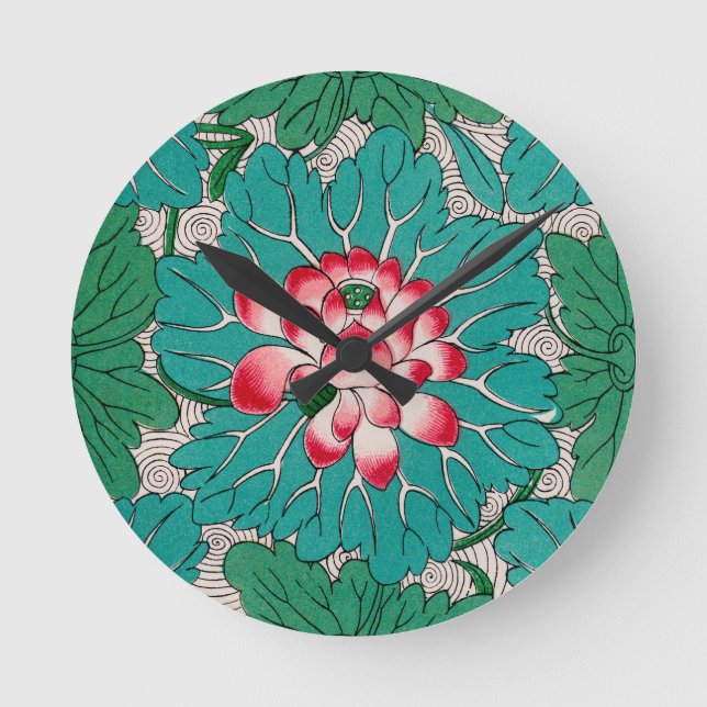 Red Pink Green Teal Chinese Lotuses Pattern Round Clock (Front)