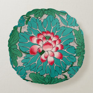 Red Pink Green Teal Chinese Lotuses Pattern Round Cushion