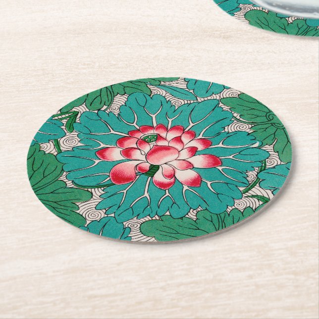 Red Pink Green Teal Chinese Lotuses Pattern Round Paper Coaster (Angled)