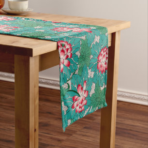 Red Pink Green Teal Chinese Lotuses Pattern Short Table Runner