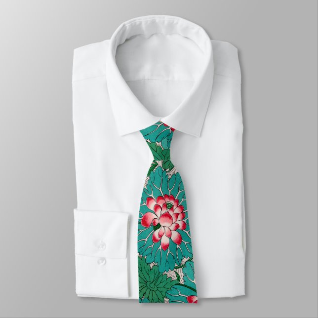 Red Pink Green Teal Chinese Lotuses Pattern Tie (Tied)
