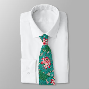 Red Pink Green Teal Chinese Lotuses Pattern Tie