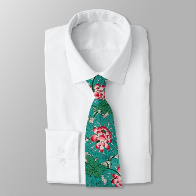 Red Pink Green Teal Chinese Lotuses Pattern Tie (Tied)