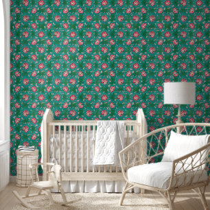 Red Pink Green Teal Chinese Lotuses Pattern Wallpaper