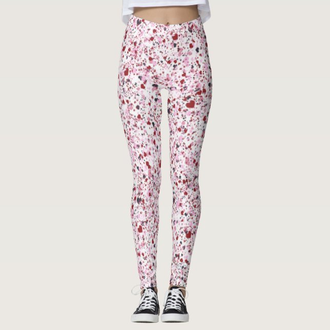 Red, Pink & Grey Hearts, Splatter Paint Leggings (Front)