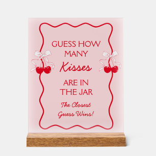 Red Pink Guess How Many Kisses Bridal Shower Game Acrylic Sign