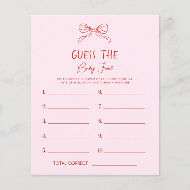 Red Pink Hand Drawn Bow Guess The Baby Food Game (Front)