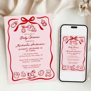 Red & Pink Hand Drawn Doodle Whimsical Baby Shower Invitation