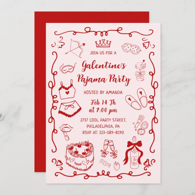 Red Pink Hand Drawn Galentine's Day Pajama Party Invitation (Front/Back)