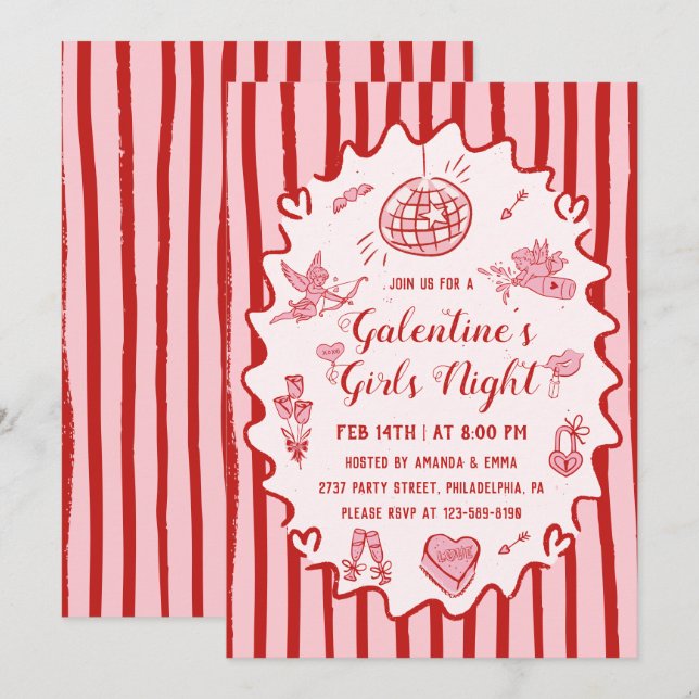 Red Pink Hand Drawn Galentine's Girls Night Party Invitation (Front/Back)
