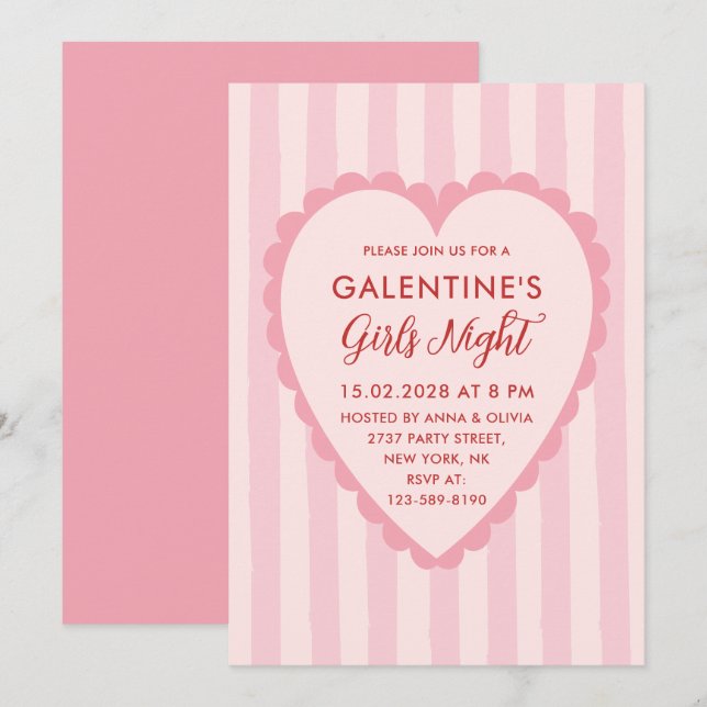 Red Pink Hand Drawn Galentine's Girls Night  Party Invitation (Front/Back)