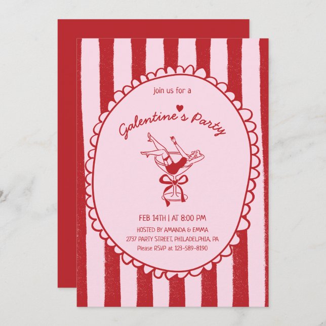 Red Pink Hand Drawn Galentine's Party Invitation (Front/Back)
