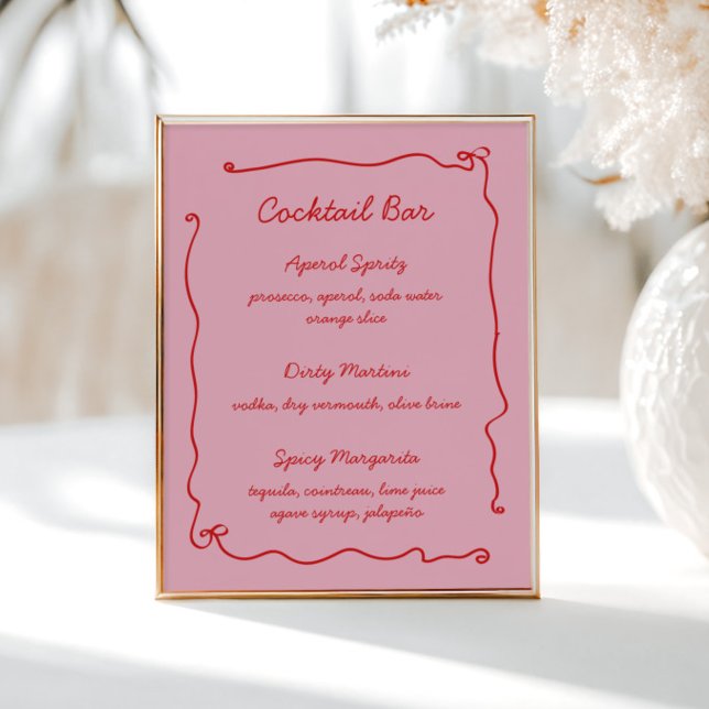 Red Pink Handwritten Bridal Shower Cocktail Bar Poster (Creator Uploaded)