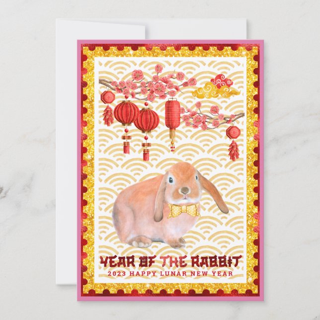 Red Pink Happy Lunar New Year of the Rabbit Photo Holiday Card (Front)