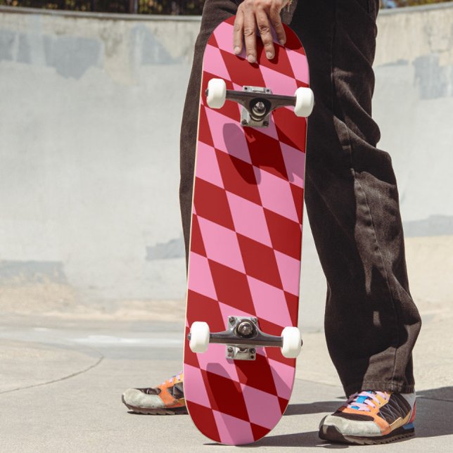 Red Pink Harlequin Checkered Design  Skateboard (Creator Uploaded)
