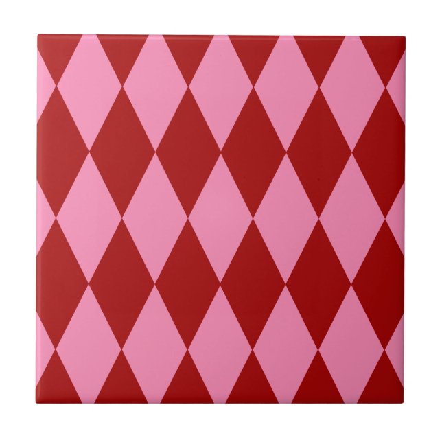 Red Pink Harlequin Chequered Design  Ceramic Tile (Front)