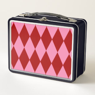 Red Pink Harlequin Chequered Design Metal Lunch Box