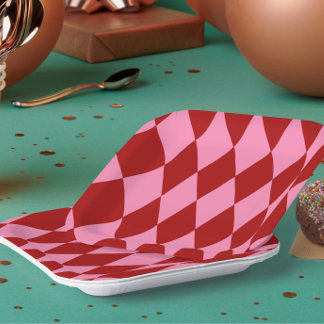 Red Pink Harlequin Chequered Design Paper Plate