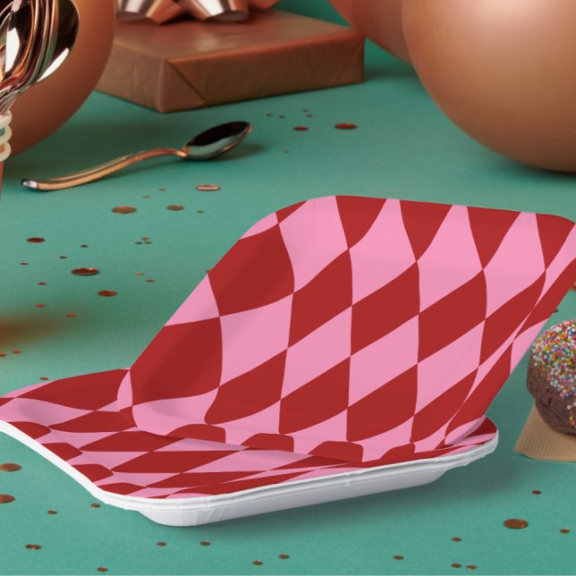 Red Pink Harlequin Chequered Design  Paper Plate (Creator Uploaded)