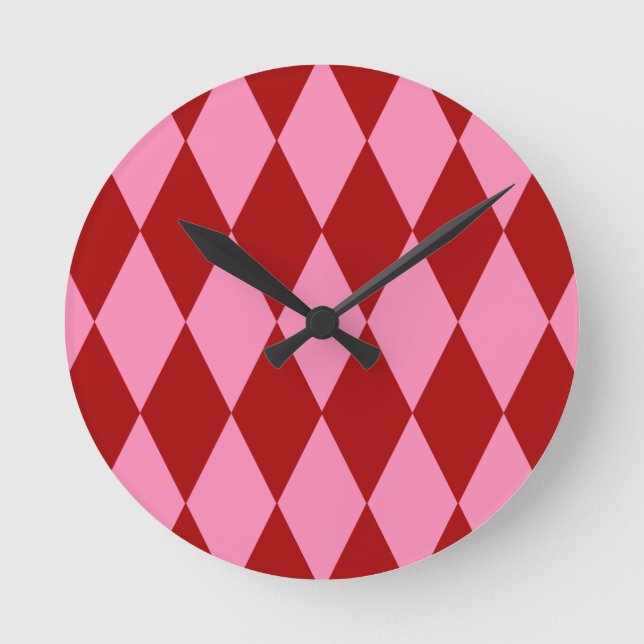 Red Pink Harlequin Chequered Design  Round Clock (Front)