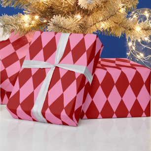 Red Pink Harlequin Chequered Design  Wrapping Paper