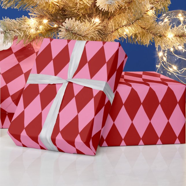 Red Pink Harlequin Chequered Design  Wrapping Paper (Creator Uploaded)