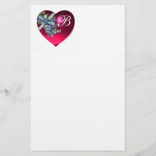 RED PINK HEART & FORGET ME NOTS MONOGRAM STATIONERY