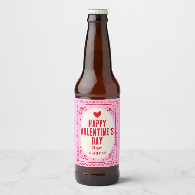 Red Pink Heart Happy Valentine’s Day  Beer Bottle Label (Front)