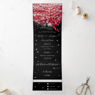 Red & Pink Heart Leaf Tree on Black Wedding Tri-Fold Invitation
