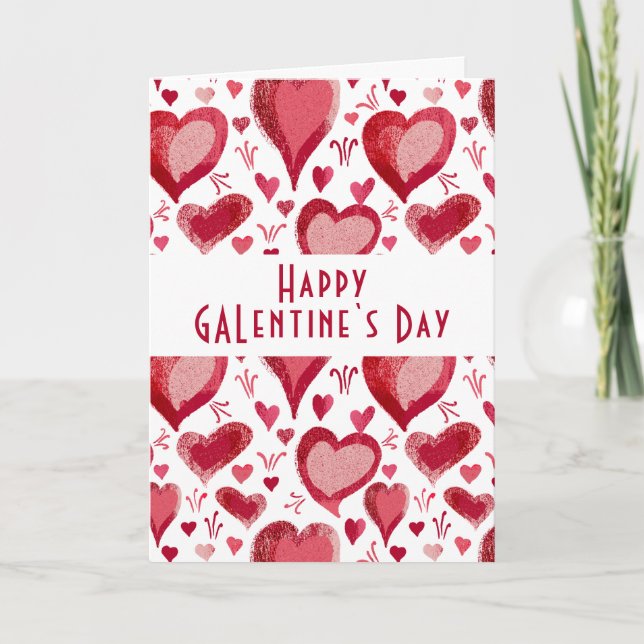 Red Pink Heart Pattern Happy Galentine`s Day  Holiday Card (Front)