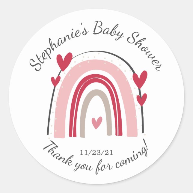 Red Pink Heart Rainbow Baby Shower Favour  Classic Round Sticker (Front)