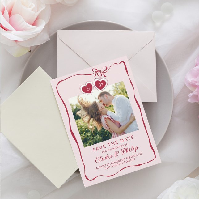 Red Pink Heart-Shaped Locket Monogram Photo Save The Date (Creator Uploaded)