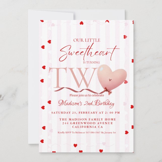 Red Pink Heart Valentine's Day Sweetheart Birthday Invitation (Front)
