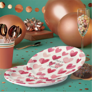 Red Pink Hearts Birthday Paper Plate