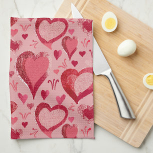 Red Pink Hearts Pattern Drawing Tea Towel