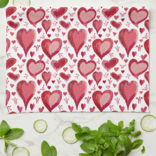 Red Pink Hearts Pattern Drawing Valentine`s Day Tea Towel