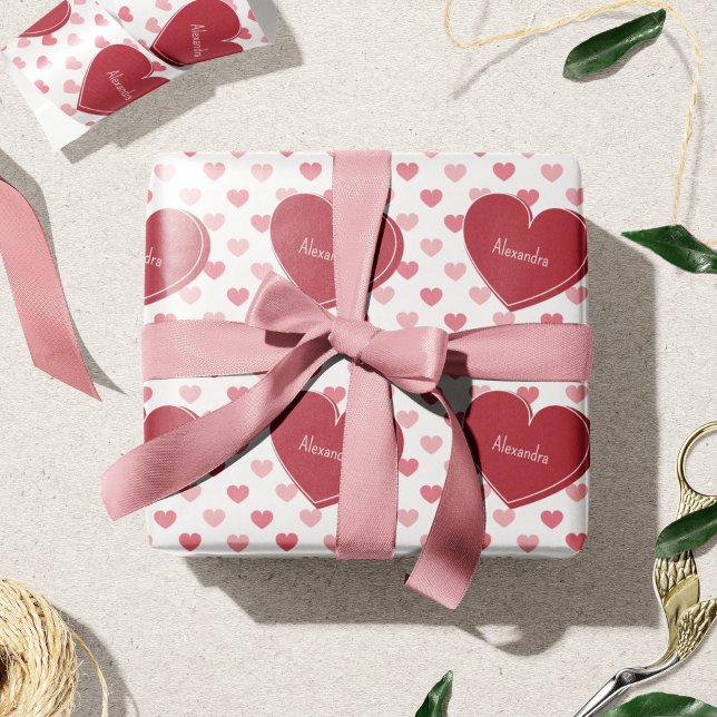 Red + Pink Hearts Pattern w/ Name Valentine's Day Wrapping Paper (Creator Uploaded)