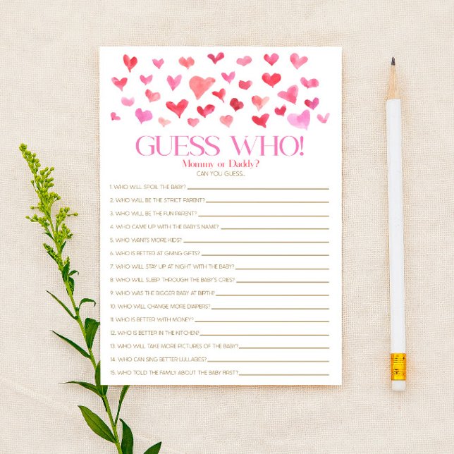 Red Pink Hearts Themed Guess Who! Baby Shower Game Stationery (Creator Uploaded)