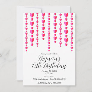 Red Pink Hearts Valentine Birthday Party Invitation