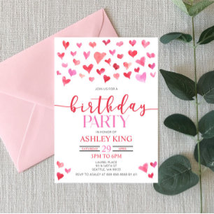 Red Pink Hearts Valentine Birthday Party  Invitation