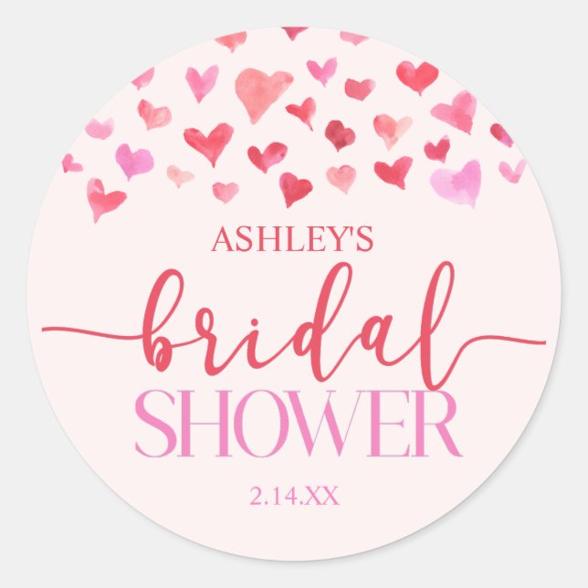 Red Pink Hearts Valentine Bridal Shower  Classic Round Sticker (Front)