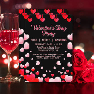 Red Pink Hearts Valentine's Party Food Music Dance Invitation
