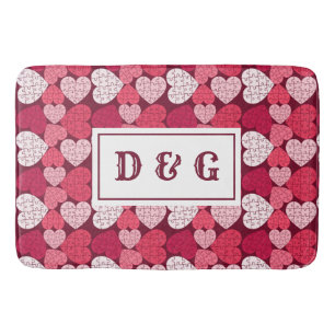 Red & Pink Jigsaw Puzzle Heart Pattern Monogram Bath Mat