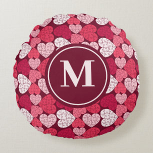 Red & Pink Jigsaw Puzzle Heart Pattern Monogram Round Cushion