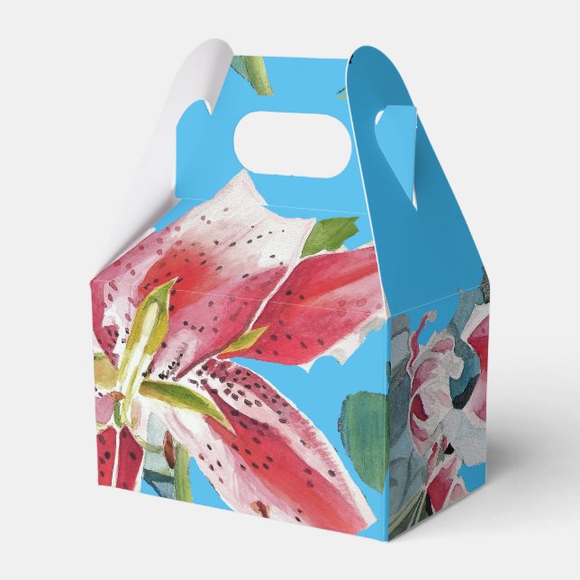 Red Pink Lily Floral Blue Wedding Cake Favour Box (Front Side)