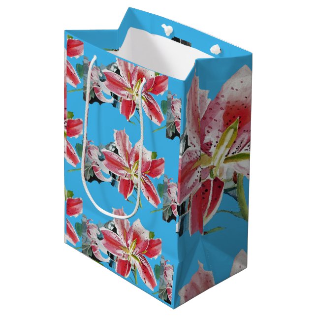 Red Pink Lily Floral Blue Wedding Cake Favour Box Medium Gift Bag (Front Angled)