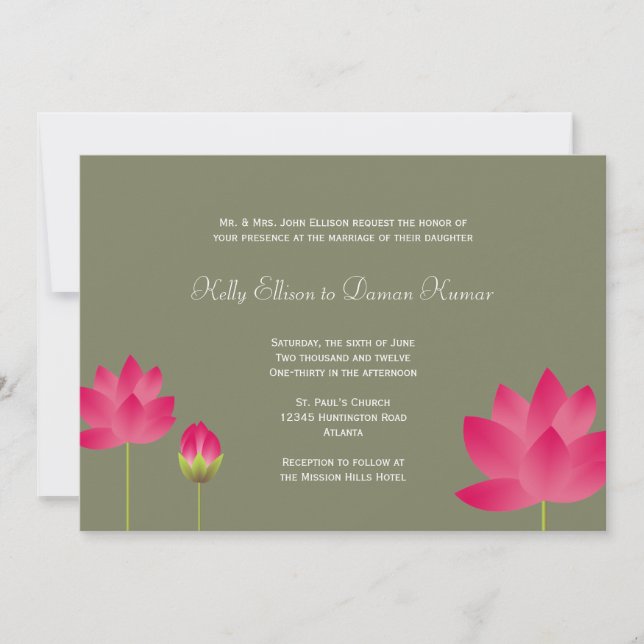 Red pink lotus flowers modern tea green wedding invitation (Front)